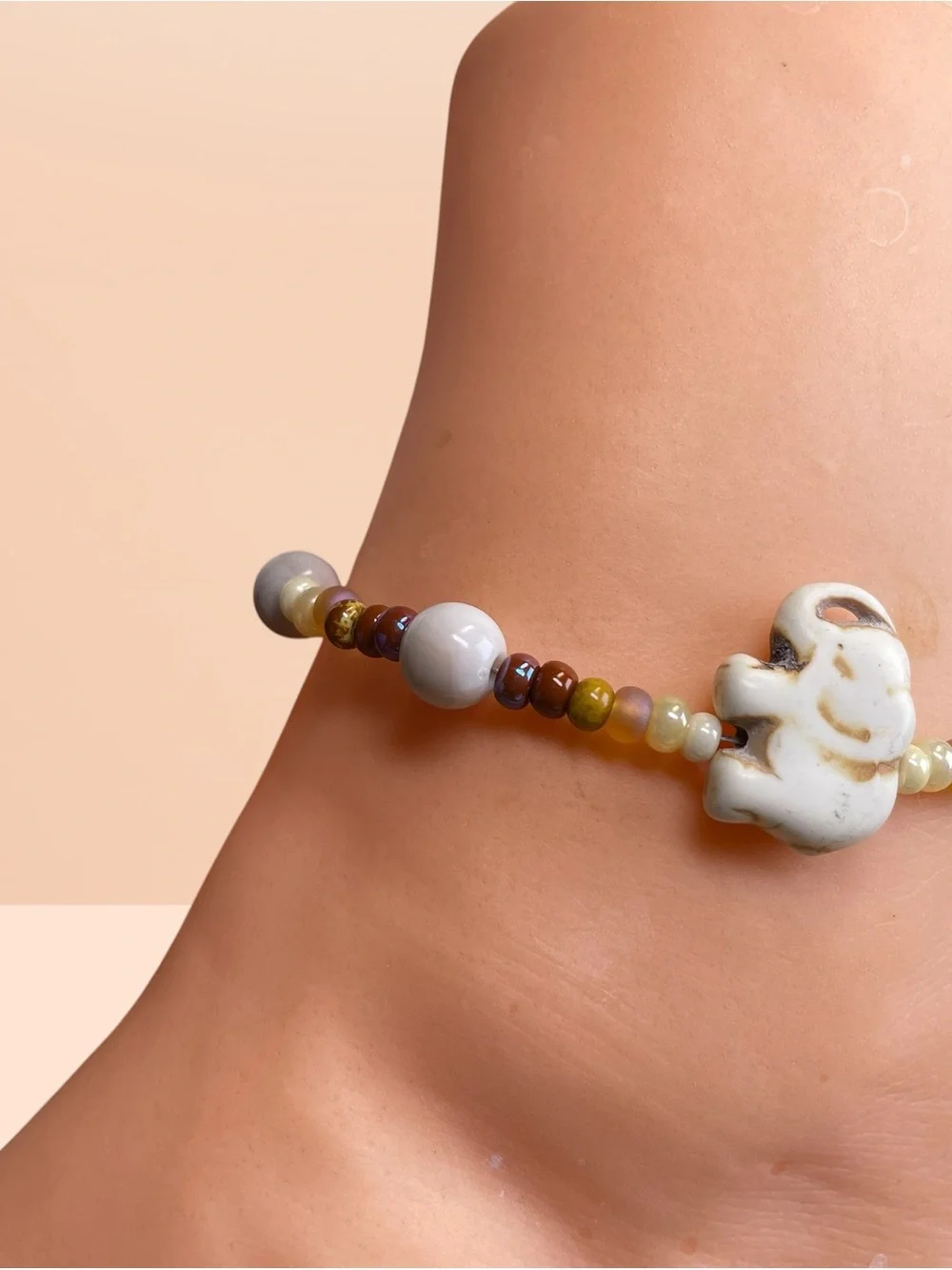 Handmade White Elephant Beaded Anklet - Multicolor Beads